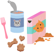 An illustration of a selection of cat food.